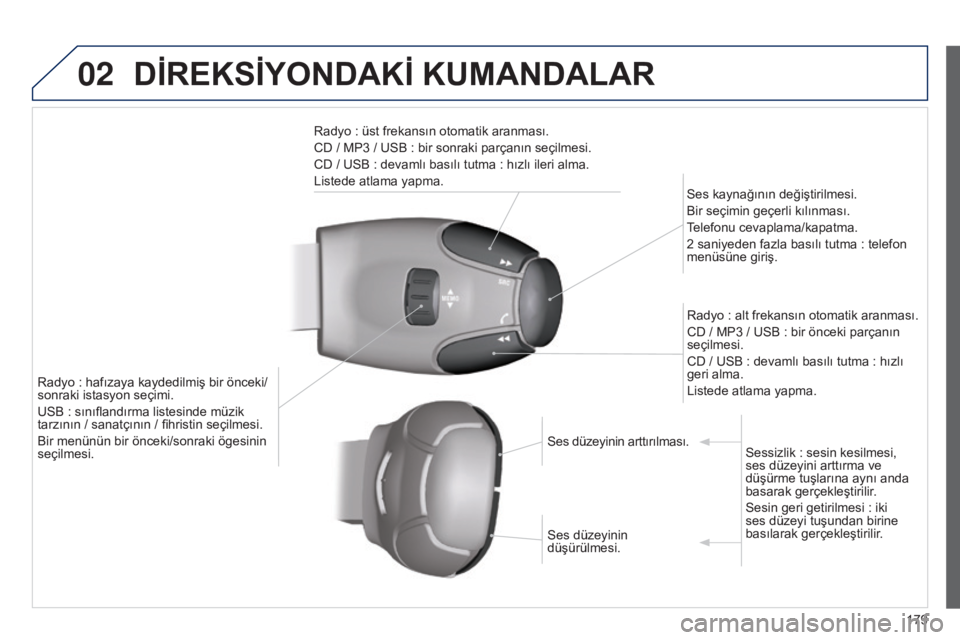 Peugeot 301 2015 Kullanım Kılavuzu (in Turkish) 02
179
301_tr_Chap12a_RD5(RD45)_ed01-2014
DİREKSİYONDAKİ KUMANDALAR
Radyo : üst frekansın otomatik aranması.
CD / MP3 / USB : bir sonraki parçanın seçilmesi.
CD / USB
: devamlı basıl Peugeot 301 2015 Kullanım Kılavuzu (in Turkish) 02
179
301_tr_Chap12a_RD5(RD45)_ed01-2014
DİREKSİYONDAKİ KUMANDALAR
Radyo : üst frekansın otomatik aranması.
CD / MP3 / USB : bir sonraki parçanın seçilmesi.
CD / USB
: devamlı basıl