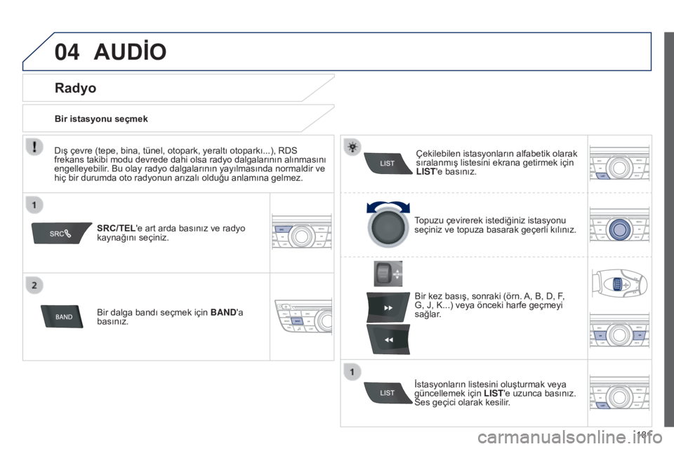 Peugeot 301 2015  Kullanım Kılavuzu (in Turkish) 04
181
301_tr_Chap12a_RD5(RD45)_ed01-2014
AUDİO
SRC/TEL'e art arda basınız ve radyo 
kaynağını seçiniz.
Bir dalga bandı seçmek için BAND'a 
basınız. Çekilebilen istasyonların alf