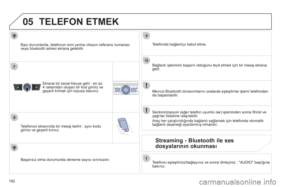 Peugeot 301 2015 Kullanım Kılavuzu (in Turkish) 05
192
301_tr_Chap12a_RD5(RD45)_ed01-2014
TELEFON ETMEK
Ekrana bir sanal klavye gelir : en az
4 rakamdan oluşan bir kod giriniz ve
geçerli kılmak için topuza basınız.
T
elefonun ekranında Peugeot 301 2015 Kullanım Kılavuzu (in Turkish) 05
192
301_tr_Chap12a_RD5(RD45)_ed01-2014
TELEFON ETMEK
Ekrana bir sanal klavye gelir : en az
4 rakamdan oluşan bir kod giriniz ve
geçerli kılmak için topuza basınız.
T
elefonun ekranında