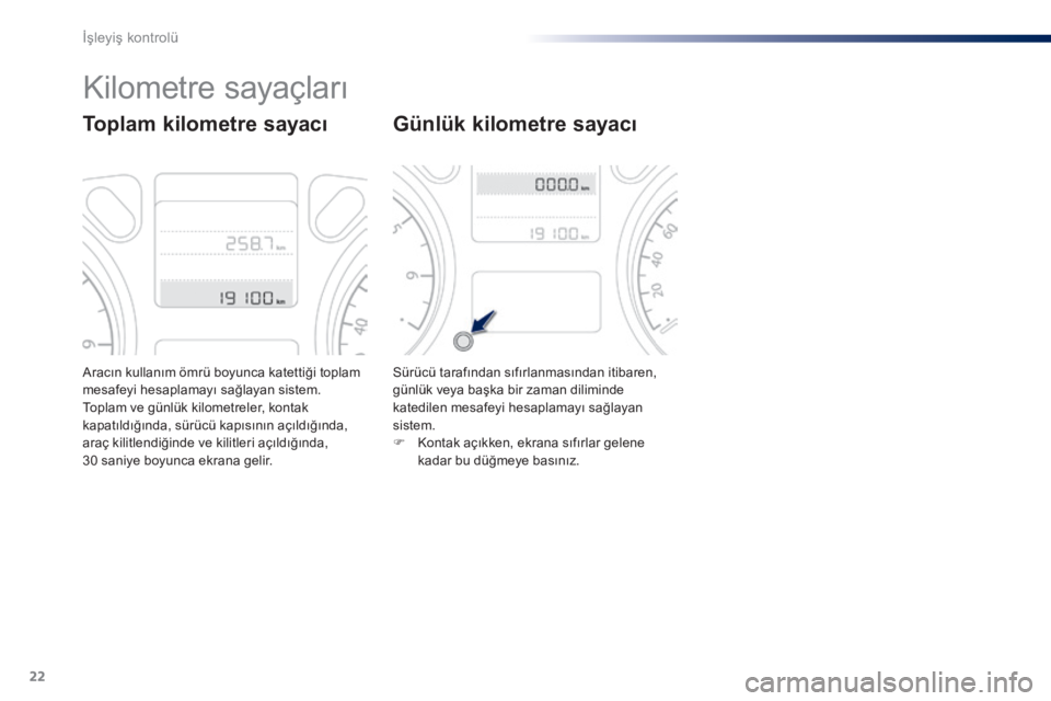 Peugeot 301 2015  Kullanım Kılavuzu (in Turkish) 22
Aracın kullanım ömrü boyunca katettiği toplam 
mesafeyi hesaplamayı sağlayan sistem.
Toplam ve günlük kilometreler, kontak 
kapatıldığında, sürücü kapısının açıldığında, 
ar