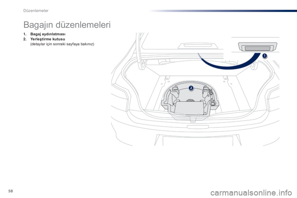 Peugeot 301 2015  Kullanım Kılavuzu (in Turkish) 58
301_tr_Chap04_amenagements_ed01-2014
Bagajın düzenlemeleri
1. Bagaj aydınlatması
2. Y e
rleştirme k utusu 
 (

detaylar için sonraki sayfaya bakınız) 
D