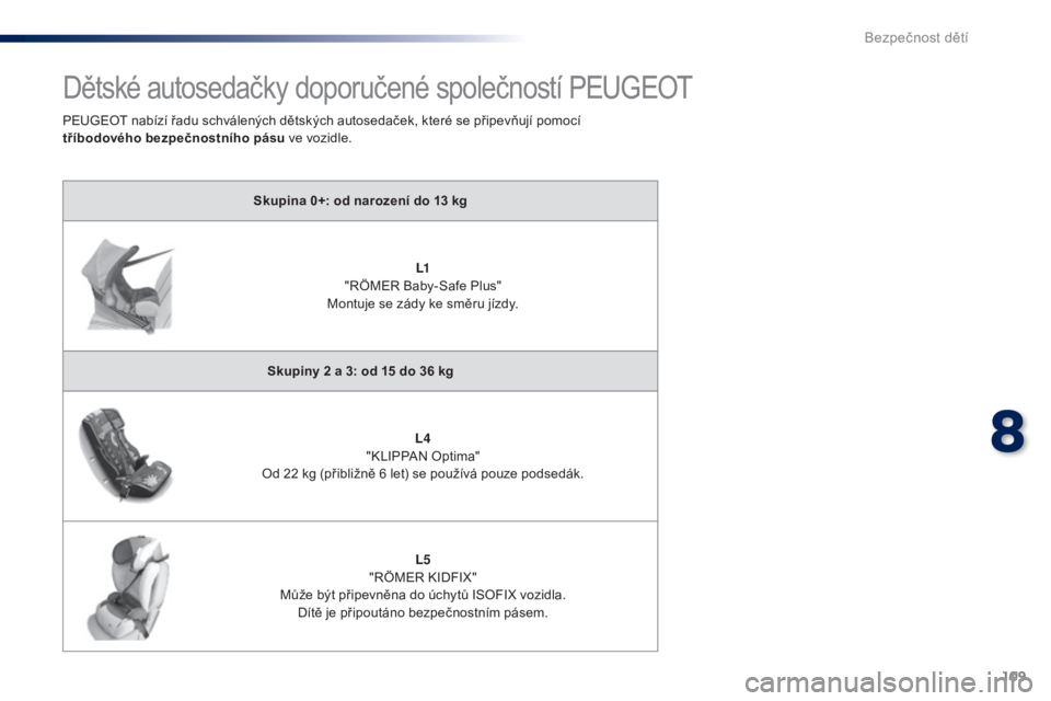 Peugeot 301 2015  Návod k obsluze (in Czech) 109
301_cs_Chap08_securite-enfants_ed01-2014
Dětské autosedačky doporučené společností PEUGEOT
Skupina 0+: od narození do 13 kg
L1
 "

RÖMER Baby-Safe Plus"
Montuje se zády ke směru