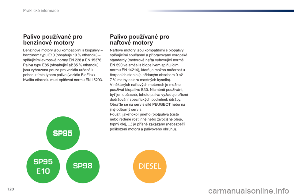 Peugeot 301 2015  Návod k obsluze (in Czech) 120
301_cs_Chap09_info-pratiques_ed01-2014
Palivo používané pro 
benzinové motory
Benzinové motory jsou kompatibilní s biopalivy – 
benzínem typu E10  (obsahuje 10   % ethanolu) – 
splňuj�