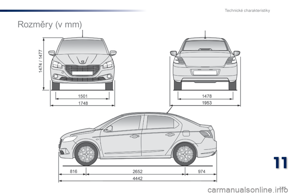 Peugeot 301 2015 Návod k obsluze (in Czech) 175
301_cs_Chap11_caracteristiques-techniques_ed01-2014
Rozměry (v mm)
11
T Peugeot 301 2015 Návod k obsluze (in Czech) 175
301_cs_Chap11_caracteristiques-techniques_ed01-2014
Rozměry (v mm)
11
T
