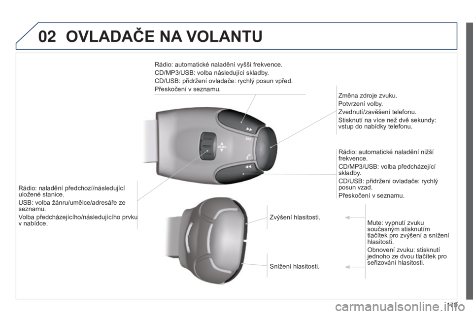 Peugeot 301 2015  Návod k obsluze (in Czech) 02
179
301_cs_Chap12a_RD5(RD45)_ed01-2014
OVLADAČE NA VOLANTU
Rádio: automatické naladění vyšší frekvence.
CD/MP3/USB: volba následující skladby.
CD/USB: přidržení ovladače: rychlý pos