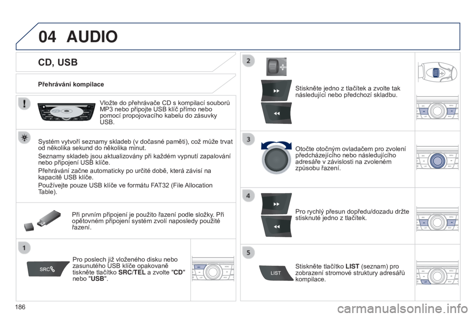 Peugeot 301 2015  Návod k obsluze (in Czech) 04
186
301_cs_Chap12a_RD5(RD45)_ed01-2014
CD, USB
AUDIO
Přehrávání kompilaceVložte do přehrávače CD s kompilací souborů 
MP3
  nebo připojte USB klíč přímo nebo 
pomocí propojovacího 