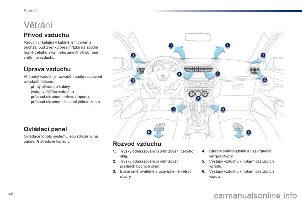 Peugeot 301 2015  Návod k obsluze (in Czech) 46
301_cs_Chap03_confort_ed01-2014
Větrání
Úprava vzduchu
Vháněný vzduch je rozváděn podle nastavení 
ovladačů řidičem:
- 
p
 římý přívod do kabiny  
(vstup vnějšího vzduchu),
-
