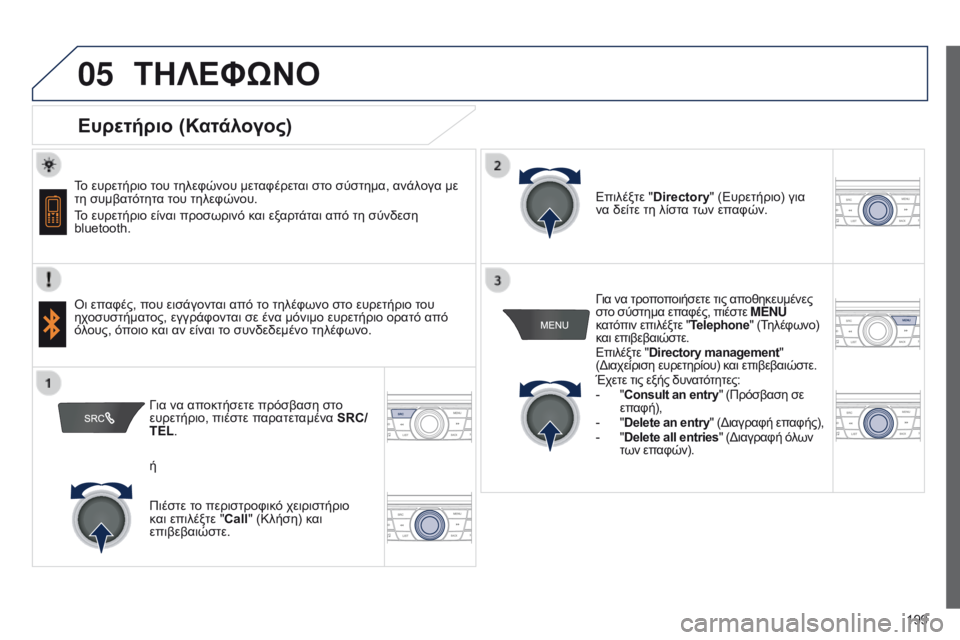 Peugeot 301 2015  Εγχειρίδιο χρήσης (in Greek) 05
 
   
 
 
199
301_el_Chap12a_RD5(RD45)_ed01-2014
ΤΗΛΕΦώΝΟ
Ευρετήριο (Κατάλογος)
Το ευρετήριο του τηλεφώνου μεταφέρεται στο σύστη�