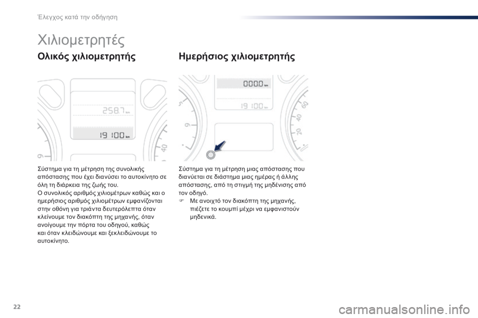 Peugeot 301 2015  Εγχειρίδιο χρήσης (in Greek) 22
Σύστημα για τη μέτρηση της συνολικής 
απόστασης που έχει διανύσει το αυτοκίνητο σε 
όλη τη διάρκεια της ζωής