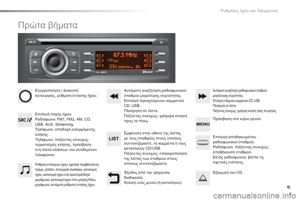Peugeot 301 2015  Εγχειρίδιο χρήσης (in Greek) .
 Ρυθμίσεις ήχου και Τηλεματική 5
301-add-2_el_Chap12_RDE2_ed01-2014
 Πρώτα βήματα 
   Ενεργοποίηση / Διακοπή λειτουργίας, ρύθμ�