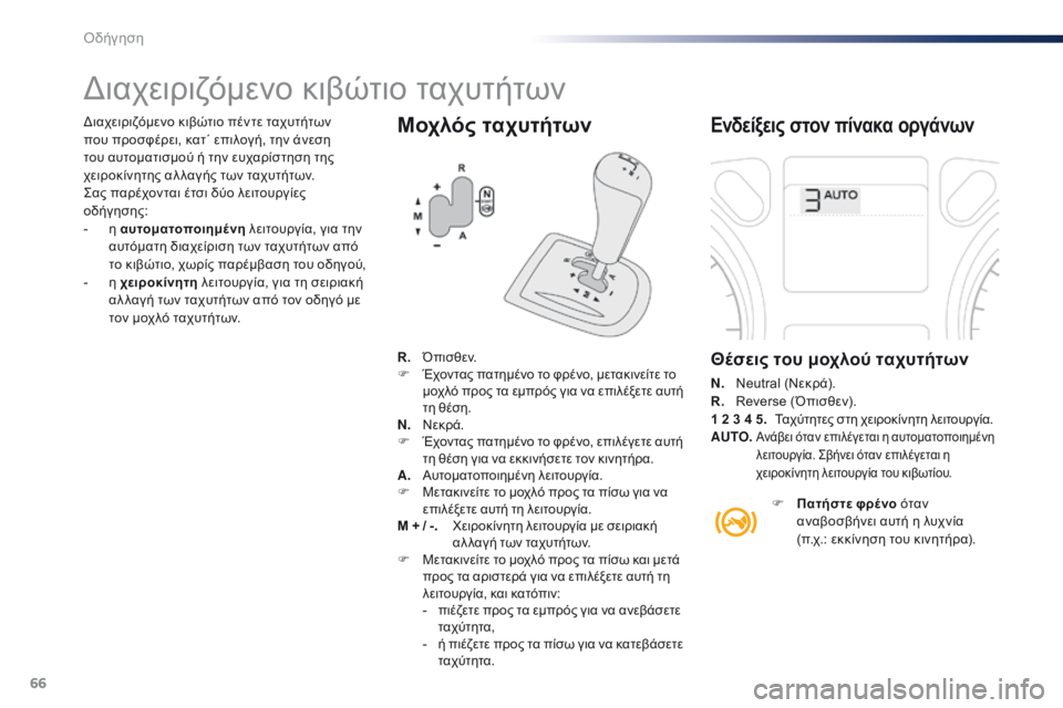 Peugeot 301 2015 Εγχειρίδιο χρήσης (in Greek) 66
301_el_Chap05_conduite_ed01-2014
Μοχλός ταχυτήτων
Διαχειριζόμενο κιβώτιο ταχυτήτων
Ενδείξεις στον πίνακα οργάνων
Θέσεις Peugeot 301 2015 Εγχειρίδιο χρήσης (in Greek) 66
301_el_Chap05_conduite_ed01-2014
Μοχλός ταχυτήτων
Διαχειριζόμενο κιβώτιο ταχυτήτων
Ενδείξεις στον πίνακα οργάνων
Θέσεις