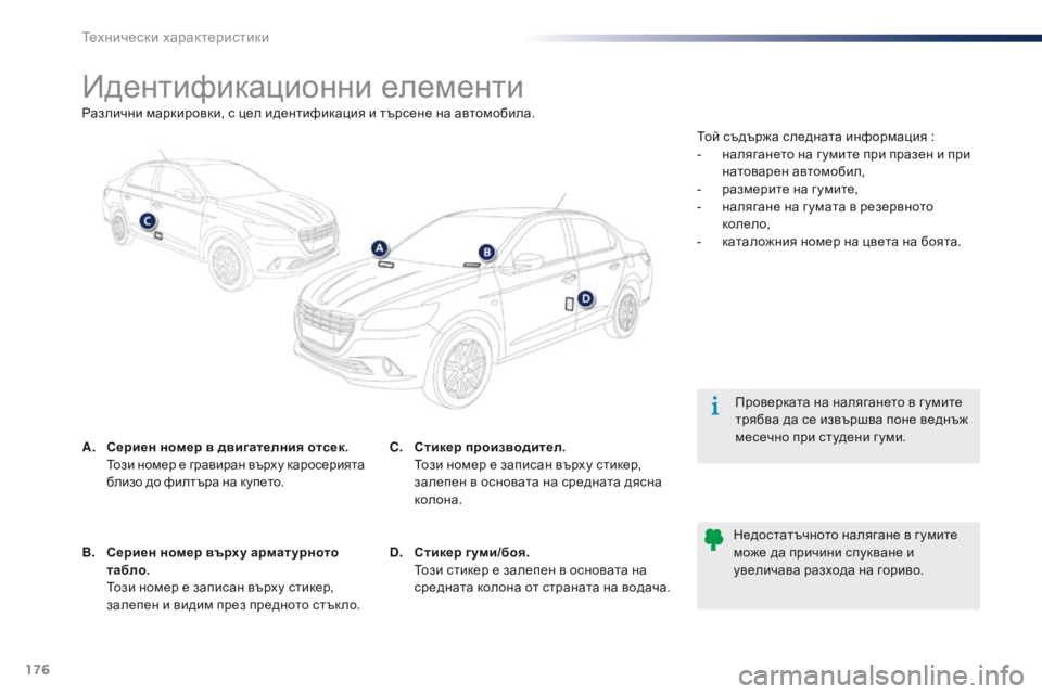 Peugeot 301 2015 Ръководство за експлоатация (in Bulgarian) 176
301_bg_Chap11_caracteristiques-techniques_ed01-2014
Идентификационни елементи
A. Сериен номер в двигателния отсек. Този номер е гр Peugeot 301 2015 Ръководство за експлоатация (in Bulgarian) 176
301_bg_Chap11_caracteristiques-techniques_ed01-2014
Идентификационни елементи
A. Сериен номер в двигателния отсек. Този номер е гр