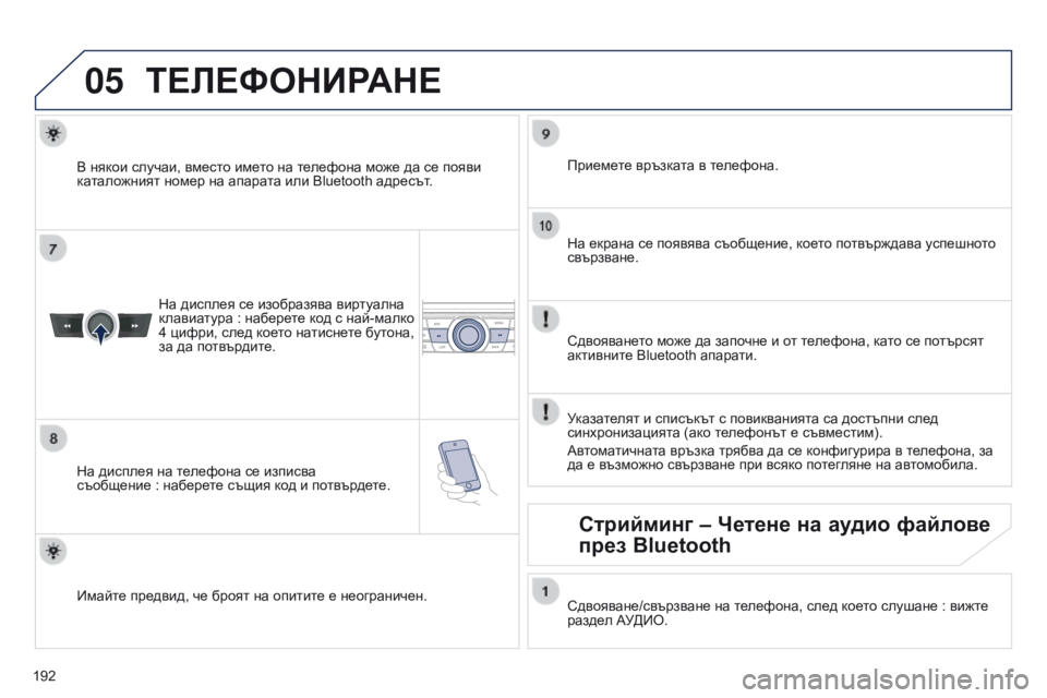 Peugeot 301 2015 Ръководство за експлоатация (in Bulgarian) 05
192
301_bg_Chap12a_RD5(RD45)_ed01-2014
ТЕЛЕФОНИРАНЕ
На дисплея се изобразява виртуална
клавиатура : наберете код с най-мал Peugeot 301 2015 Ръководство за експлоатация (in Bulgarian) 05
192
301_bg_Chap12a_RD5(RD45)_ed01-2014
ТЕЛЕФОНИРАНЕ
На дисплея се изобразява виртуална
клавиатура : наберете код с най-мал