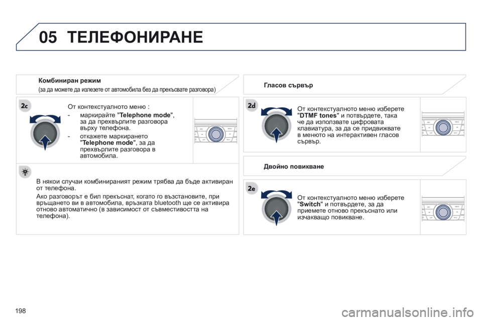 Peugeot 301 2015 Ръководство за експлоатация (in Bulgarian) 05
198
301_bg_Chap12a_RD5(RD45)_ed01-2014
ТЕЛЕФОНИРАНЕ
От контекстуалното меню изберете
"DTMF tones" и потвърдете, така
че да и Peugeot 301 2015 Ръководство за експлоатация (in Bulgarian) 05
198
301_bg_Chap12a_RD5(RD45)_ed01-2014
ТЕЛЕФОНИРАНЕ
От контекстуалното меню изберете
"DTMF tones" и потвърдете, така
че да и