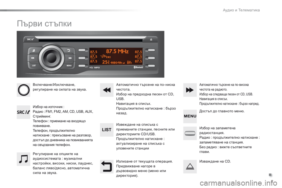 Peugeot 301 2015  Ръководство за експлоатация (in Bulgarian) .
 Аудио и Телематика 5
301-add-2_bg_Chap12_RDE2_ed01-2014
 Първи стъпки 
   Включване/Изключване, рег улиране на силата на звука