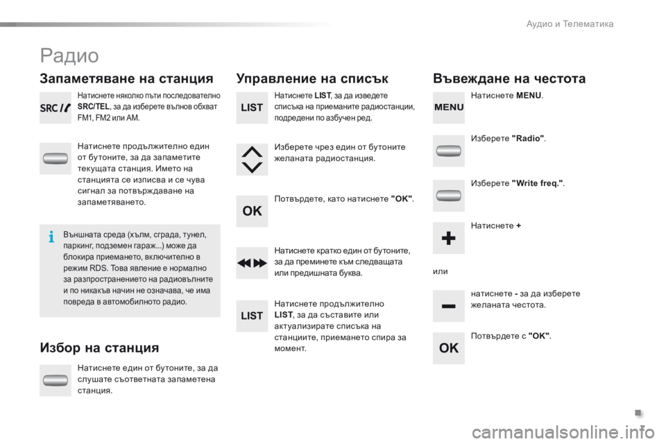 Peugeot 301 2015  Ръководство за експлоатация (in Bulgarian) .
 Аудио и Телематика 7
301-add-2_bg_Chap12_RDE2_ed01-2014
 Р а д и о  
      З а п а м е т я в а н е   н а   с т а н ц и я  
  Избор на станция