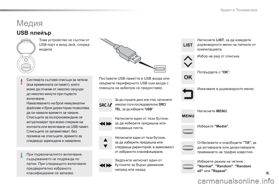 Peugeot 301 2015  Ръководство за експлоатация (in Bulgarian) .
 Аудио и Телематика 9
301-add-2_bg_Chap12_RDE2_ed01-2014
 M е д и я  
          U S B   п л е й ъ р  
  Това устройство се състои от USB порт и