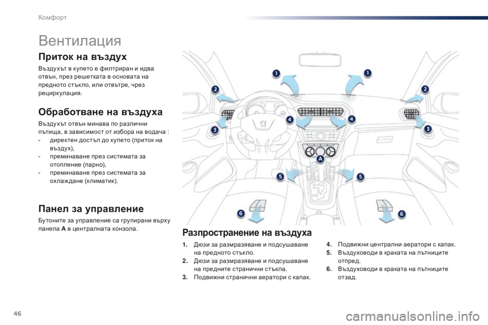 Peugeot 301 2015  Ръководство за експлоатация (in Bulgarian) 46
301_bg_Chap03_confort_ed01-2014
Вентилация
Обработване на въздуха
Въздухът отвън минава по различни 
пътища, в зависимост