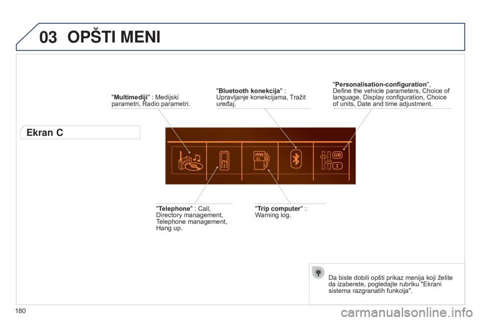 Peugeot 301 2015  Упутство за употребу (in Serbian) 03
180
301_sr_Chap12a_RD5(RD45)_ed01-2014
OPšTI MENI
"Multimediji"   : Medijski 
parametri, Radio parametri.
Ekran C
"Trip computer" : 
W arning log.
"Telephone"
 
: Call, 
Di