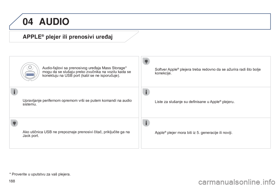 Peugeot 301 2015 Упутство за употребу (in Serbian) 04
188
301_sr_Chap12a_RD5(RD45)_ed01-2014
AUDIO
APPLE® plejer ili prenosivi uređaj
Upravljanje perifernom opremom vrši se putem komandi na audio
sistemu.Audio-fajlovi sa prenosivog uređaja Mass S Peugeot 301 2015 Упутство за употребу (in Serbian) 04
188
301_sr_Chap12a_RD5(RD45)_ed01-2014
AUDIO
APPLE® plejer ili prenosivi uređaj
Upravljanje perifernom opremom vrši se putem komandi na audio
sistemu.Audio-fajlovi sa prenosivog uređaja Mass S