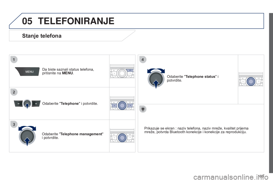 Peugeot 301 2015  Упутство за употребу (in Serbian) 05
 193
301_sr_Chap12a_RD5(RD45)_ed01-2014
TELEFONIRANJE
Da biste saznali status telefona, 
pritisnite na MENU.
Odaberite "Telephone" i potvrdite.
Odaberite "Telephone management" 
i p