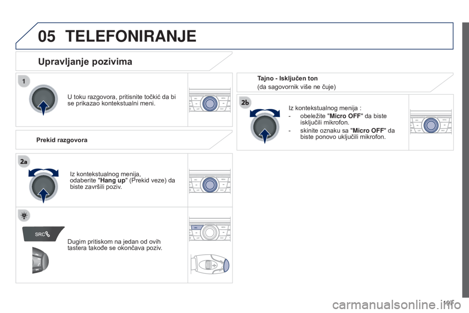 Peugeot 301 2015 Упутство за употребу (in Serbian) 05
197
301_sr_Chap12a_RD5(RD45)_ed01-2014
TELEFONIRANJE
U toku razgovora, pritisnite točkić da bi
se prikazao kontekstualni meni.
Prekid razgovora Iz kontekstualnog menija
:
-
obeležite " Peugeot 301 2015 Упутство за употребу (in Serbian) 05
197
301_sr_Chap12a_RD5(RD45)_ed01-2014
TELEFONIRANJE
U toku razgovora, pritisnite točkić da bi
se prikazao kontekstualni meni.
Prekid razgovora Iz kontekstualnog menija
:
-
obeležite "