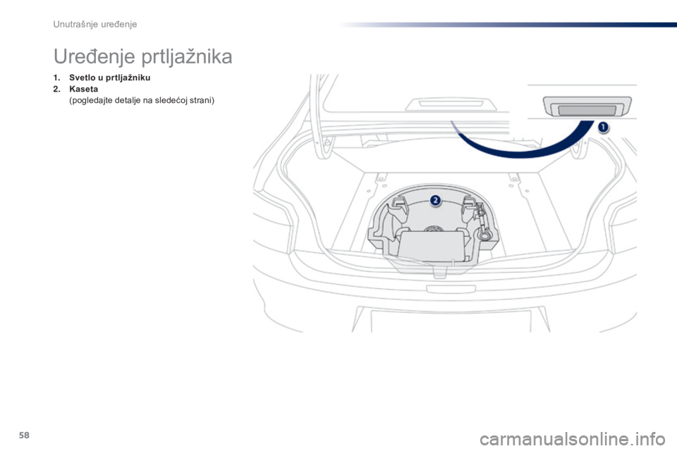 Peugeot 301 2015  Упутство за употребу (in Serbian) 58
301_sr_Chap04_amenagements_ed01-2014
Uređenje prtljažnika
1. Svetlo u pr tljažniku
2. Kaseta 
 (

pogledajte detalje na sledećoj strani) 
Unutrašnje uređenje  