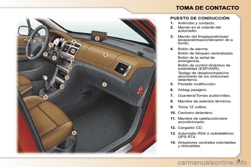Peugeot 307 2007  Manual del propietario (in Spanish) �1�.� �A�n�t�i�r�r�o�b�o� �y� �c�o�n�t�a�c�t�o�.
�2�.�  �M�a�n�d�o� �e�n� �e�l� �v�o�l�a�n�t�e� �d�e�l� �a�u�t�o�r�r�a�d�i�o�.
�3�.�  �M�a�n�d�o� �d�e�l� �l�i�m�p�i�a�p�a�r�a�b�r�i�s�a�s�/�l�a�v�a�p�a