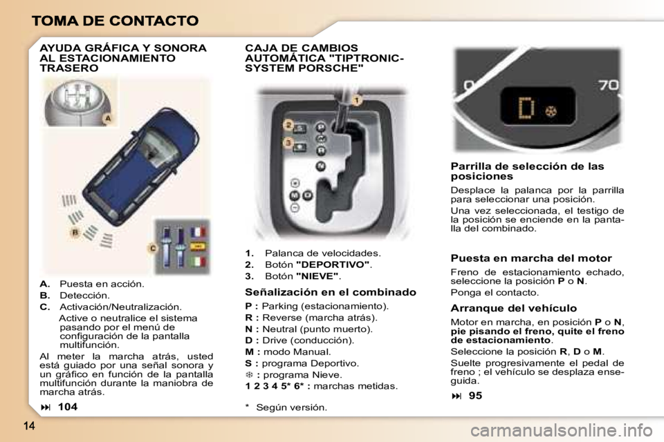 Peugeot 307 2007  Manual del propietario (in Spanish) �C�A�J�A� �D�E� �C�A�M�B�I�O�S�  
�A�U�T�O�M�Á�T�I�C�A� �"�T�I�P�T�R�O�N�I�C�-
�S�Y�S�T�E�M� �P�O�R�S�C�H�E�"
�1�.�P�a�l�a�n�c�a� �d�e� �v�e�l�o�c�i�d�a�d�e�s�.
�2�.�B�o�t�ó�n� �"�D�E�P�