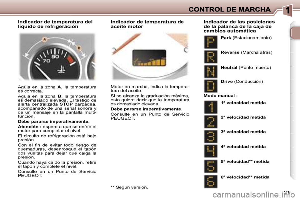 Peugeot 307 2007  Manual del propietario (in Spanish) �2�1
�I�n�d�i�c�a�d�o�r� �d�e� �t�e�m�p�e�r�a�t�u�r�a� �d�e�l� �l�í�q�u�i�d�o� �d�e� �r�e�f�r�i�g�e�r�a�c�i�ó�n�I�n�d�i�c�a�d�o�r� �d�e� �t�e�m�p�e�r�a�t�u�r�a� �d�e� �a�c�e�i�t�e� �m�o�t�o�r
�A�g�u