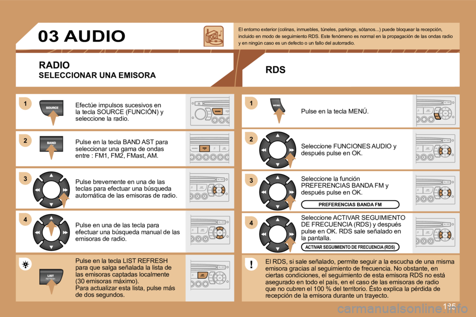 Peugeot 307 2007  Manual del propietario (in Spanish) �1�8�5
�1�1
�2�2
�3�3
�4�4
�2�2
�4�4
�3�3
�1�1
�0�3� �A�U�D�I�O
�R�A�D�I�O
�S�E�L�E�C�C�I�O�N�A�R� �U�N�A� �E�M�I�S�O�R�A
�E�f�e�c�t�ú�e� �i�m�p�u�l�s�o�s� �s�u�c�e�s�i�v�o�s� �e�n� �l�a� �t�e�c�l�a�