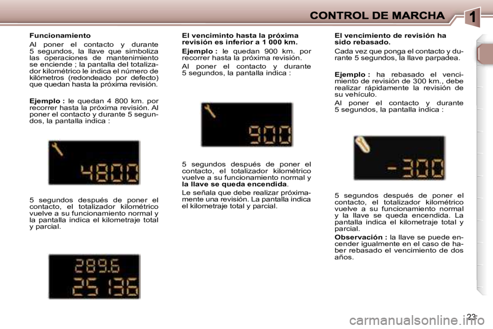 Peugeot 307 2007  Manual del propietario (in Spanish) �2�3
�F�u�n�c�i�o�n�a�m�i�e�n�t�o
�A�l�  �p�o�n�e�r�  �e�l�  �c�o�n�t�a�c�t�o�  �y�  �d�u�r�a�n�t�e� �5�  �s�e�g�u�n�d�o�s�,�  �l�a�  �l�l�a�v�e�  �q�u�e�  �s�i�m�b�o�l�i�z�a� �l�a�s�  �o�p�e�r�a�c�i�