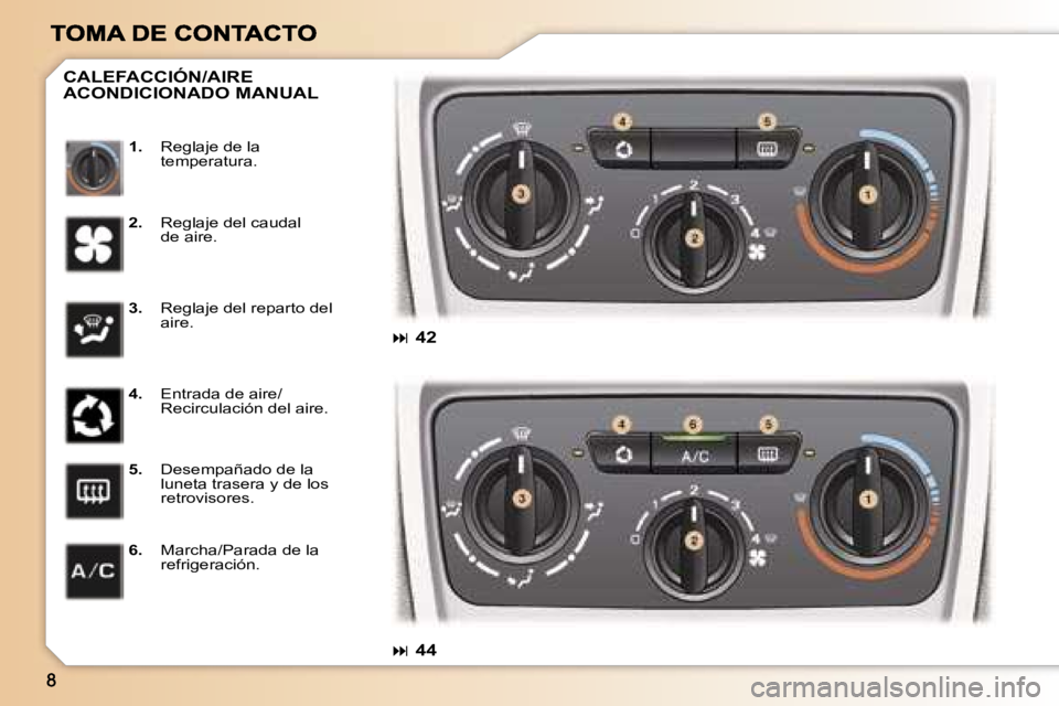 Peugeot 307 2007  Manual del propietario (in Spanish) �1�.�  �R�e�g�l�a�j�e� �d�e� �l�a� �t�e�m�p�e�r�a�t�u�r�a�.
�C�A�L�E�F�A�C�C�I�Ó�N�/�A�I�R�E�  
�A�C�O�N�D�I�C�I�O�N�A�D�O� �M�A�N�U�A�L
�2�.�  �R�e�g�l�a�j�e� �d�e�l� �c�a�u�d�a�l�d�e� �a�i�r�e�.
�3