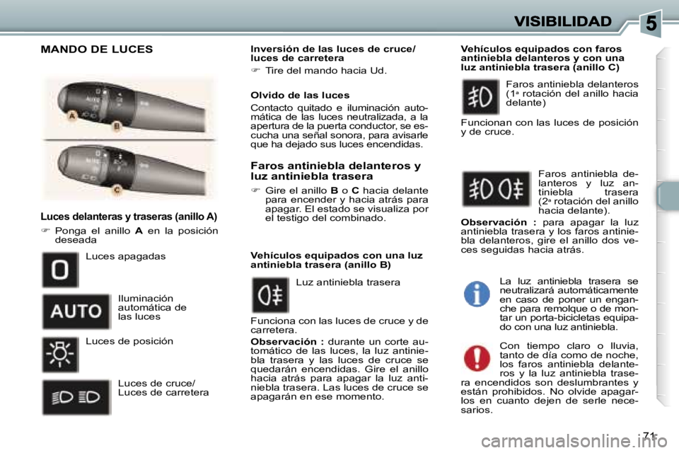 Peugeot 307 2007  Manual del propietario (in Spanish) �7�1
�L�u�c�e�s� �d�e�l�a�n�t�e�r�a�s� �y� �t�r�a�s�e�r�a�s� �(�a�n�i�l�l�o� �A�)
��  �P�o�n�g�a�  �e�l�  �a�n�i�l�l�o� �A�  �e�n�  �l�a�  �p�o�s�i�c�i�ó�n� �d�e�s�e�a�d�a
�I�n�v�e�r�s�i�ó�n� �d�