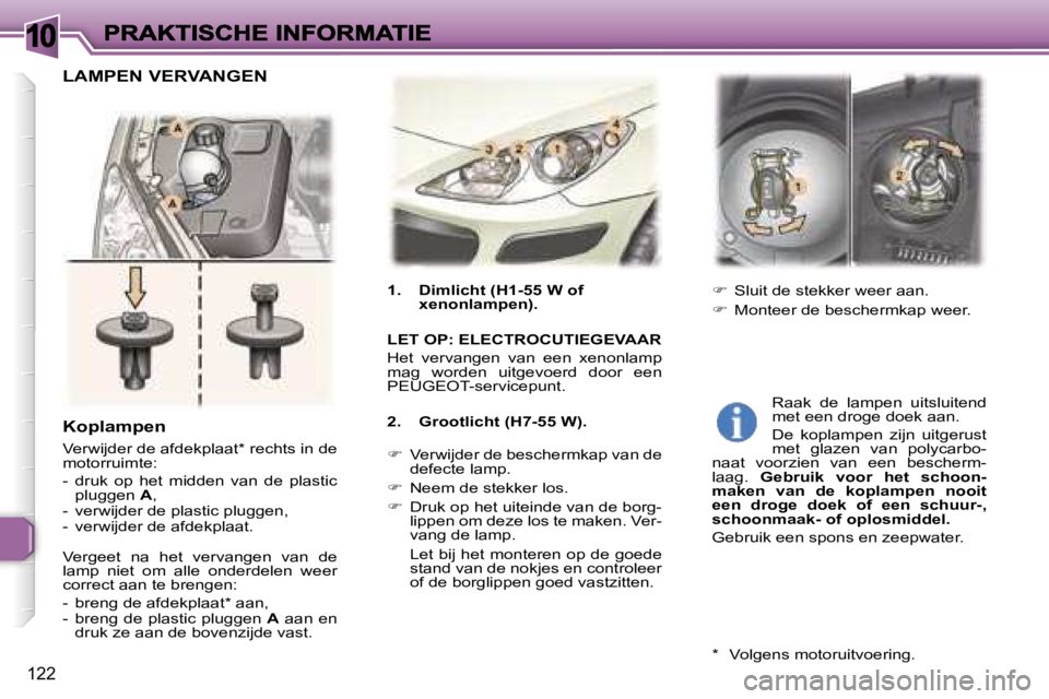 Peugeot 307 2007  Handleiding (in Dutch) �1�0
�1�2�2
�K�o�p�l�a�m�p�e�n
�V�e�r�w�i�j�d�e�r� �d�e� �a�f�d�e�k�p�l�a�a�t�*� �r�e�c�h�t�s� �i�n� �d�e� �m�o�t�o�r�r�u�i�m�t�e�:
�-�  �d�r�u�k�  �o�p�  �h�e�t�  �m�i�d�d�e�n�  �v�a�n�  �d�e�  �p�l�