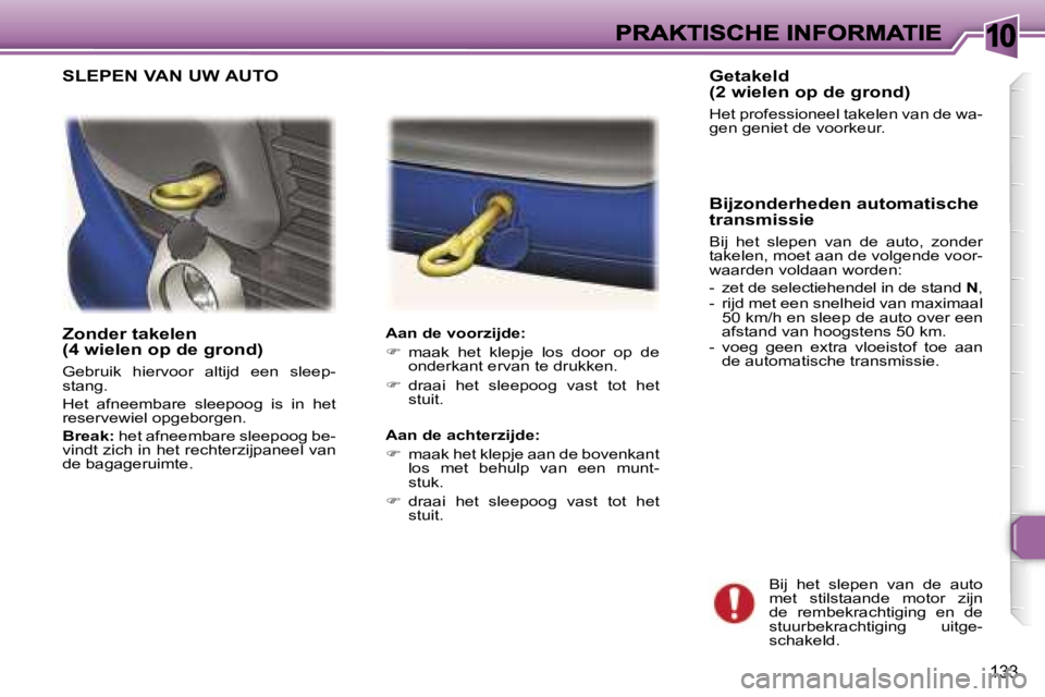 Peugeot 307 2007  Handleiding (in Dutch) �1�0
�1�3�3
�Z�o�n�d�e�r� �t�a�k�e�l�e�n�(�4� �w�i�e�l�e�n� �o�p� �d�e� �g�r�o�n�d�)
�G�e�b�r�u�i�k�  �h�i�e�r�v�o�o�r�  �a�l�t�i�j�d�  �e�e�n�  �s�l�e�e�p�-�s�t�a�n�g�.
�H�e�t�  �a�f�n�e�e�m�b�a�r�e�