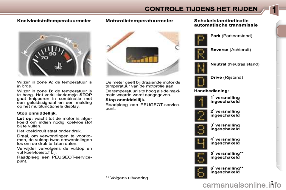 Peugeot 307 2007  Handleiding (in Dutch) �2�1
�K�o�e�l�v�l�o�e�i�s�t�o�f�t�e�m�p�e�r�a�t�u�u�r�m�e�t�e�r �M�o�t�o�r�o�l�i�e�t�e�m�p�e�r�a�t�u�u�r�m�e�t�e�r
�W�i�j�z�e�r�  �i�n�  �z�o�n�e� �A�:�  �d�e�  �t�e�m�p�e�r�a�t�u�u�r�  �i�s� �i�n� �o