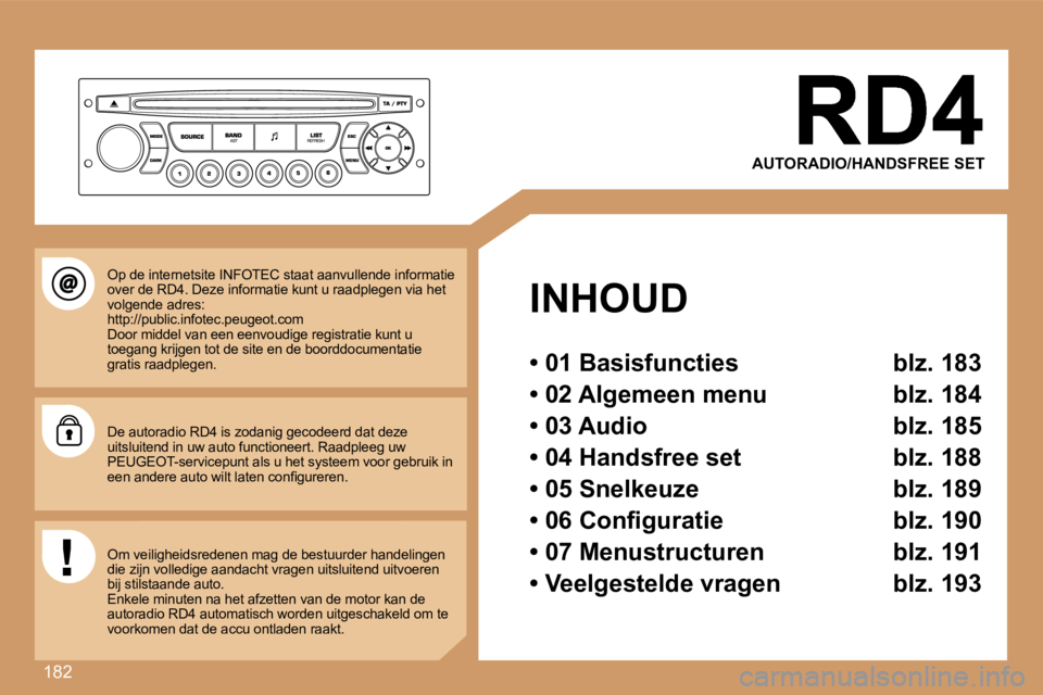 Peugeot 307 2007  Handleiding (in Dutch) �1�8�2
�A�U�T�O�R�A�D�I�O�/�H�A�N�D�S�F�R�E�E� �S�E�T
�I�N�H�O�U�D
�•� �0�1� �B�a�s�i�s�f�u�n�c�t�i�e�s�  �b�l�z�.� �1�8�3
�•� �0�2� �A�l�g�e�m�e�e�n� �m�e�n�u�  �b�l�z�.� �1�8�4
�•� �0�3� �A�u�