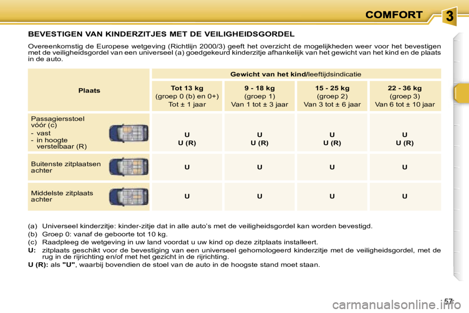 Peugeot 307 2007  Handleiding (in Dutch) �5�7
�B�E�V�E�S�T�I�G�E�N� �V�A�N� �K�I�N�D�E�R�Z�I�T�J�E�S� �M�E�T� �D�E� �V�E�I�L�I�G�H�E�I�D�S�G�O�R�D�E�L
�O�v�e�r�e�e�n�k�o�m�s�t�i�g�  �d�e�  �E�u�r�o�p�e�s�e�  �w�e�t�g�e�v�i�n�g�  �(�R�i�c�h�t