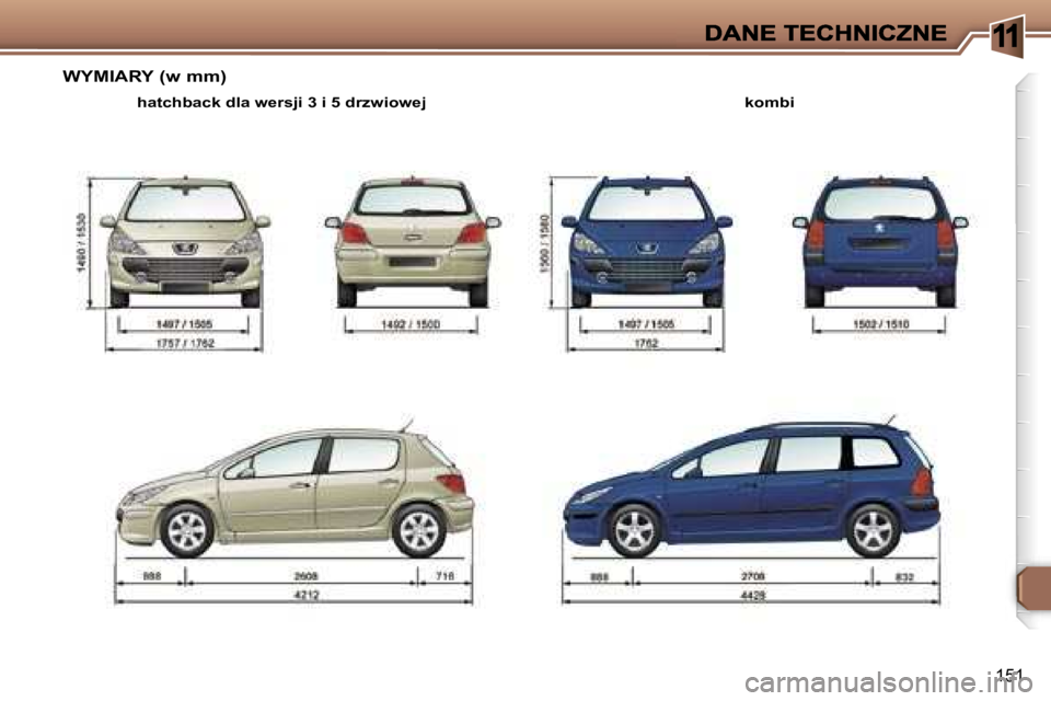 Peugeot 307 2007  Instrukcja Obsługi (in Polish) �1
�1�5�1
�W�Y�M�I�A�R�Y� �(�w� �m�m�)
�k�o�m�b�i�h�a�t�c�h�b�a�c�k� �d�l�a� �w�e�r�s�j�i� �3� �i� �5� �d�r�z�w�i�o�w�e�j     