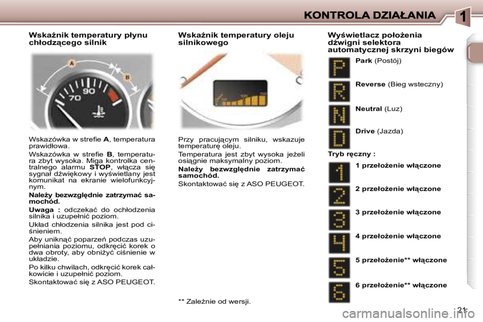 Peugeot 307 2007  Instrukcja Obsługi (in Polish) �2�1
�W�s�k�aE�n�i�k� �t�e�m�p�e�r�a�t�u�r�y� �p�ł�y�n�u� �c�h�ł�o�d�z"�c�e�g�o� �s�i�l�n�i�k�W�s�k�aE�n�i�k� �t�e�m�p�e�r�a�t�u�r�y� �o�l�e�j�u� �s�i�l�n�i�k�o�w�e�g�o
�W�s�k�a�z�ó�w�k�a� �