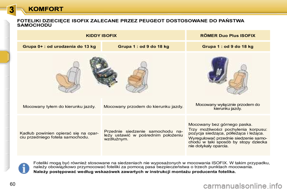 Peugeot 307 2007  Instrukcja Obsługi (in Polish) �6�0
�F�o�t�e�l�i�k�i� �m�o�g"� �b�y�ć� �r�ó�w�n�i�eG� �s�t�o�s�o�w�a�n�e� �n�a� �s�i�e�d�z�e�n�i�a�c�h� �n�i�e� �w�y�p�o�s�aG�o�n�y�c�h� �w� �m�o�c�o�w�a�n�i�a� �I�S�O�F�I�X�.� �W� �t�a�k�i�