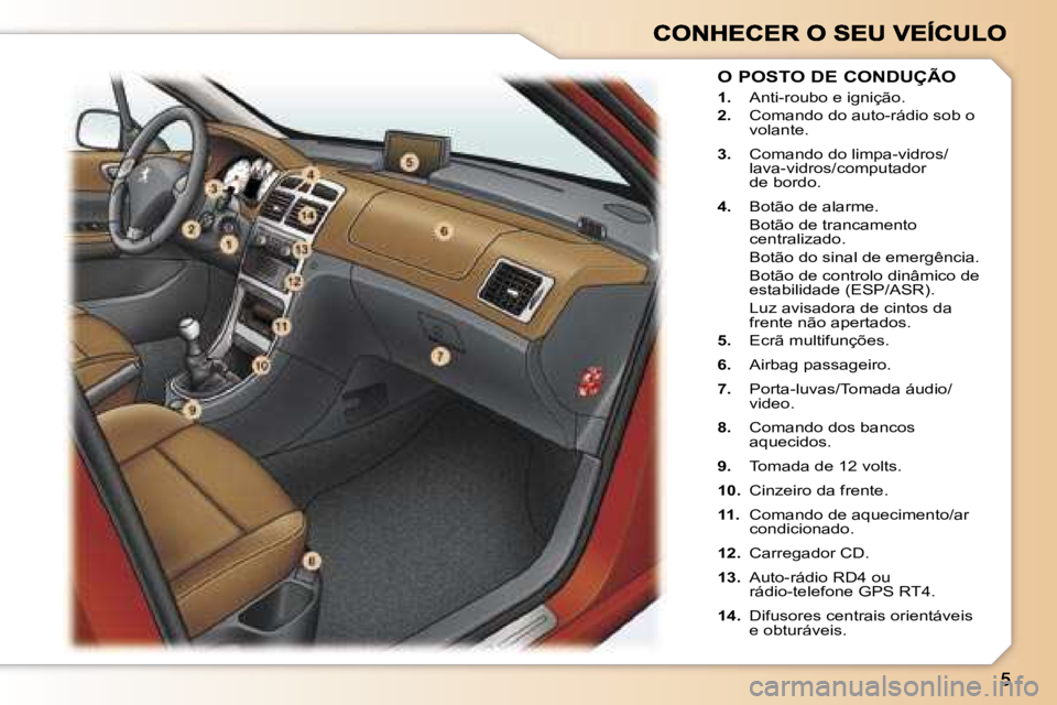 Peugeot 307 2007  Manual do proprietário (in Portuguese) �1�.�  �A�n�t�i�-�r�o�u�b�o� �e� �i�g�n�i�ç�ã�o�.
�2�.� �C�o�m�a�n�d�o� �d�o� �a�u�t�o�-�r�á�d�i�o� �s�o�b� �o� �v�o�l�a�n�t�e�.
�3�.� �C�o�m�a�n�d�o� �d�o� �l�i�m�p�a�-�v�i�d�r�o�s�/�l�a�v�a�-�v�i