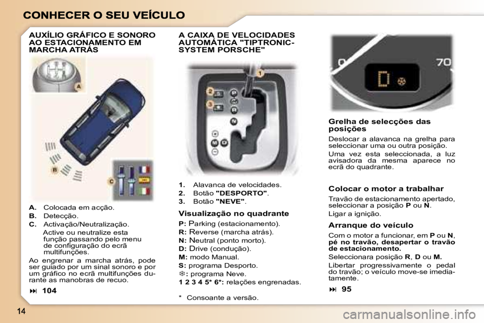 Peugeot 307 2007  Manual do proprietário (in Portuguese) �A� �C�A�I�X�A� �D�E� �V�E�L�O�C�I�D�A�D�E�S�  
�A�U�T�O�M�Á�T�I�C�A� �"�T�I�P�T�R�O�N�I�C�-
�S�Y�S�T�E�M� �P�O�R�S�C�H�E�"
� 
�1�.�  �A�l�a�v�a�n�c�a� �d�e� �v�e�l�o�c�i�d�a�d�e�s�.
�2�.�  �