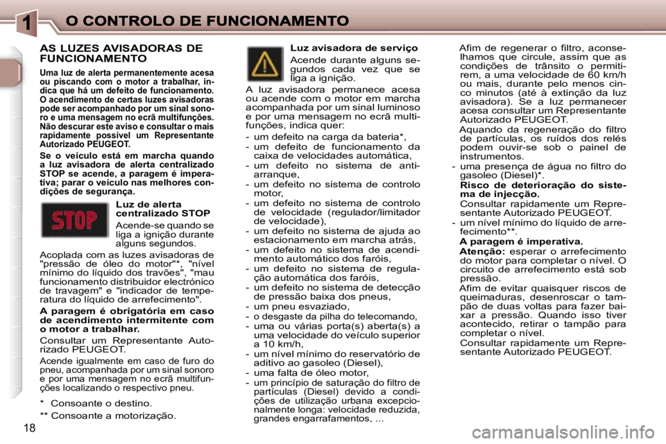 Peugeot 307 2007  Manual do proprietário (in Portuguese) �1�8
�A�S� �L�U�Z�E�S� �A�V�I�S�A�D�O�R�A�S� �D�E�  
�F�U�N�C�I�O�N�A�M�E�N�T�O
�U�m�a� �l�u�z� �d�e� �a�l�e�r�t�a� �p�e�r�m�a�n�e�n�t�e�m�e�n�t�e� �a�c�e�s�a� �o�u�  �p�i�s�c�a�n�d�o�  �c�o�m�  �o�  