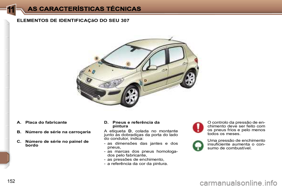Peugeot 307 2007  Manual do proprietário (in Portuguese) �1
�1�5�2
�E�L�E�M�E�N�T�O�S� �D�E� �I�D�E�N�T�I�F�I�C�A�Ç�ã�O� �D�O� �S�E�U� �3�0�7
�D�.�P�n�e�u�s� �e� �r�e�f�e�r�ê�n�c�i�a� �d�a� �p�i�n�t�u�r�a
�A�  �e�t�i�q�u�e�t�a� �D�,�  �c�o�l�a�d�a�  �n�o