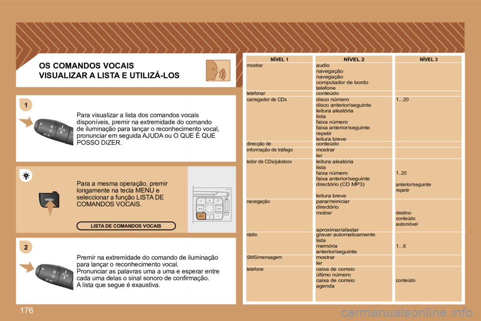 Peugeot 307 2007  Manual do proprietário (in Portuguese) �1�7�6
�M�E�N�U�E�S�C�L�I�S�T
�M�E�N�U
�2�2
�1�1
�P�r�e�m�i�r� �n�a� �e�x�t�r�e�m�i�d�a�d�e� �d�o� �c�o�m�a�n�d�o� �d�e� �i�l�u�m�i�n�a�ç�ã�o� �P�r�e�m�i�r� �n�a� �e�x�t�r�e�m�i�d�a�d�e� �d�o� �c�o�