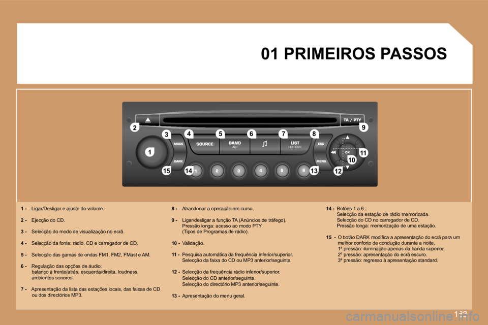 Peugeot 307 2007  Manual do proprietário (in Portuguese) �1�8�3
�1
�2
�1�0�1�1
�1�2
�1�3
�1�4
�1�5
�3 �4 �5 �6 �7 �8 �9
�1�2
�0�1� �P�R�I�M�E�I�R�O�S� �P�A�S�S�O�S
�1� �- �  �L�i�g�a�r�/�D�e�s�l�i�g�a�r� �e� �a�j�u�s�t�e� �d�o� �v�o�l�u�m�e�.
�2� �- �  �E�j