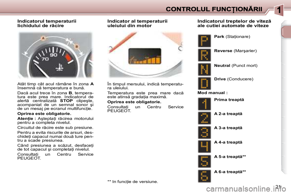 Peugeot 307 2007  Manualul de utilizare (in Romanian) 21
�I�n�d�i�c�a�t�o�r�u�l� �t�e�m�p�e�r�a�t�u�r�i�i� �l�i�c�h�i�d�u�l�u�i� �d�e� �r �c�i�r�e�I�n�d�i�c�a�t�o�r� �a�l� �t�e�m�p�e�r�a�t�u�r�i�i� �u�l�e�i�u�l�u�i� �d�i�n� �m�o�t�o�r
�A�t�â�t�  �t�i�m