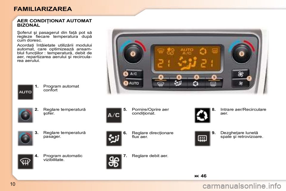 Peugeot 307 2007  Manualul de utilizare (in Romanian) �1�0
FAMILIARIZAREA�� 46
1.
�  �P�r�o�g�r�a�m� �a�u�t�o�m�a�t� 
�c�o�n�f�o�r�t
�A�E�R� �C�O�N�D�I�I�O�N�A�T� �A�U�T�O�M�A�T�  
BIZONAL
�Ş�o�f�e�r�u�l�  �ş�i�  �p�a�s�a�g�e�r�u�l�  �d�i�n�  �f�a